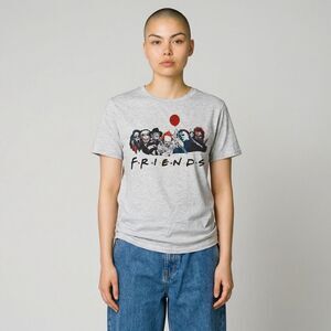 SHEIN Grey 'Friends' Horror Characters Graphic Short Sleeve Tee Halloween L